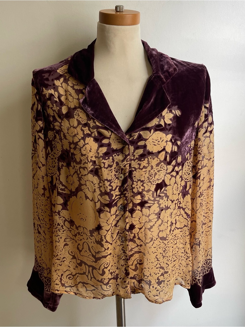 Citron Santa Monica Silk Velvet Burnout Blouse Top Purple Beige Floral Small